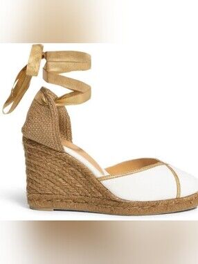 Castañer white canvas wedge espadrilles with gold ribbon ties